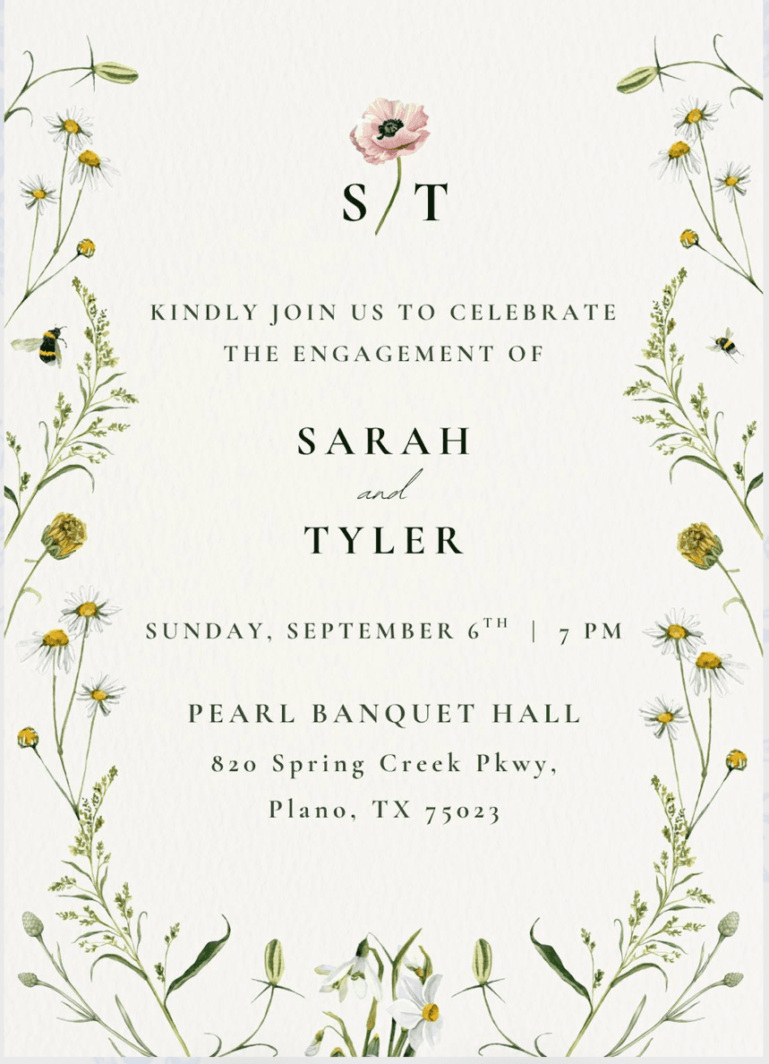 Sarah and Tyler's engagement party invitation